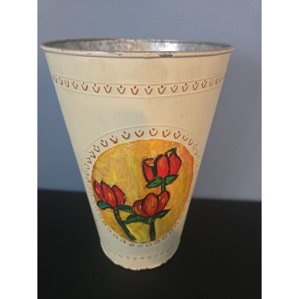 Vintage Toleware Wastebasket Hand Painted Floral Metal Trash Can Cottage‎ 12"